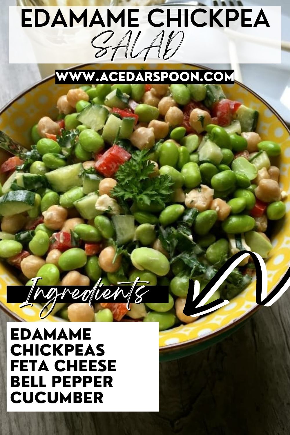 Edamame Chickpea Feta Salad with Lemon Tahini Dressing with logo.