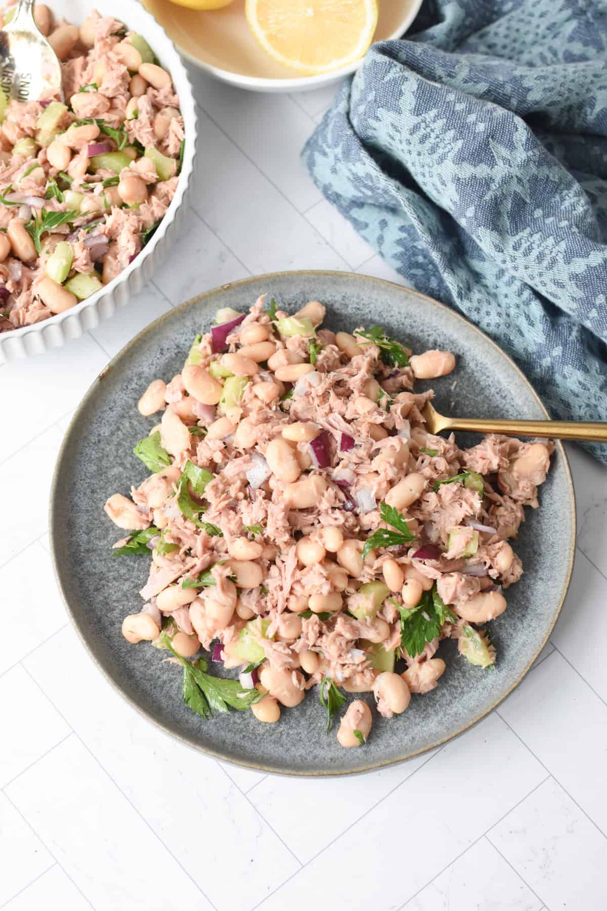 Tuna Bean Salad on a blue plate 