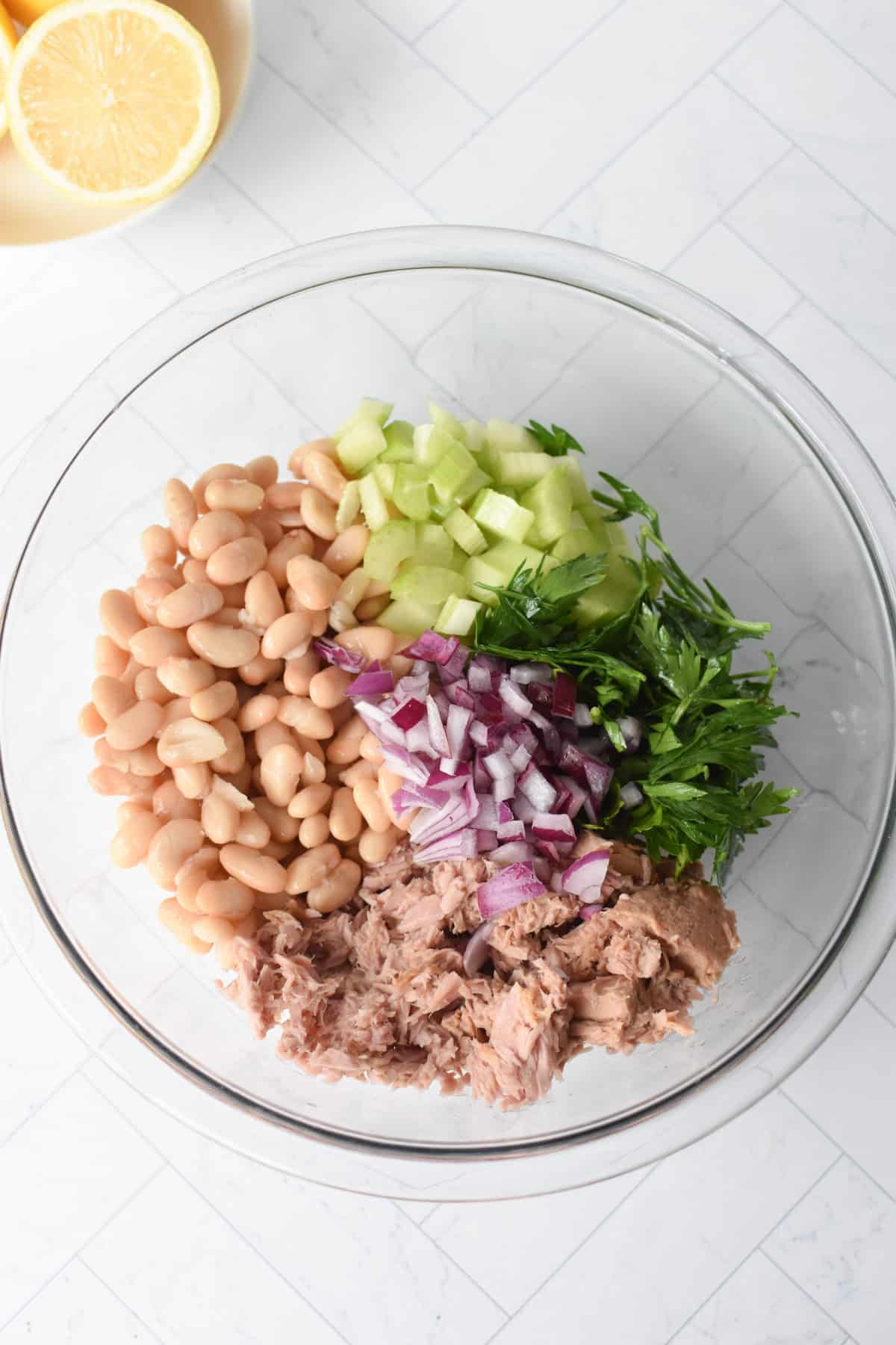 White Bean and Tuna Salad  in a glass bowl