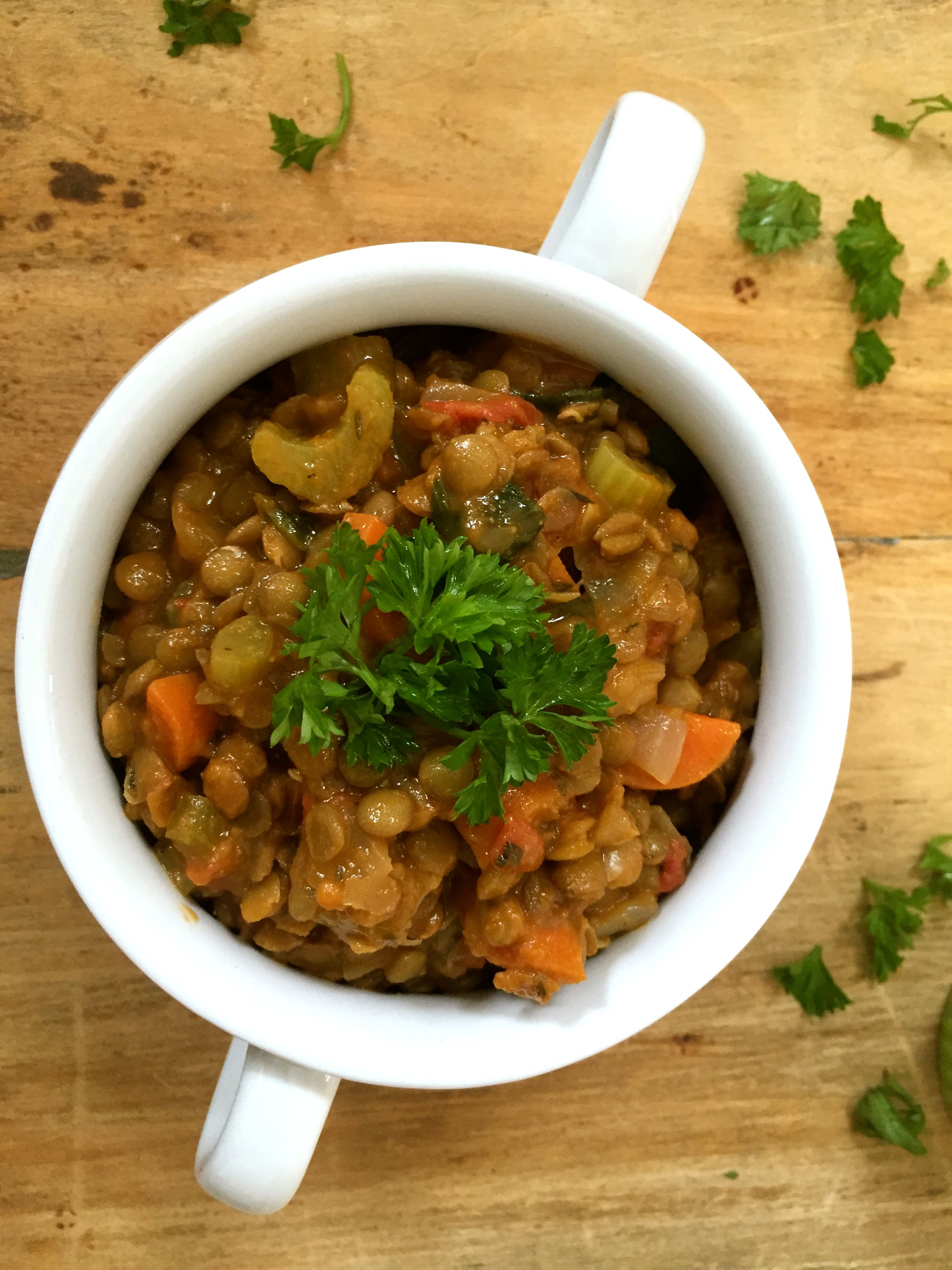 Green Lentil Spinach Soup with parsley. 