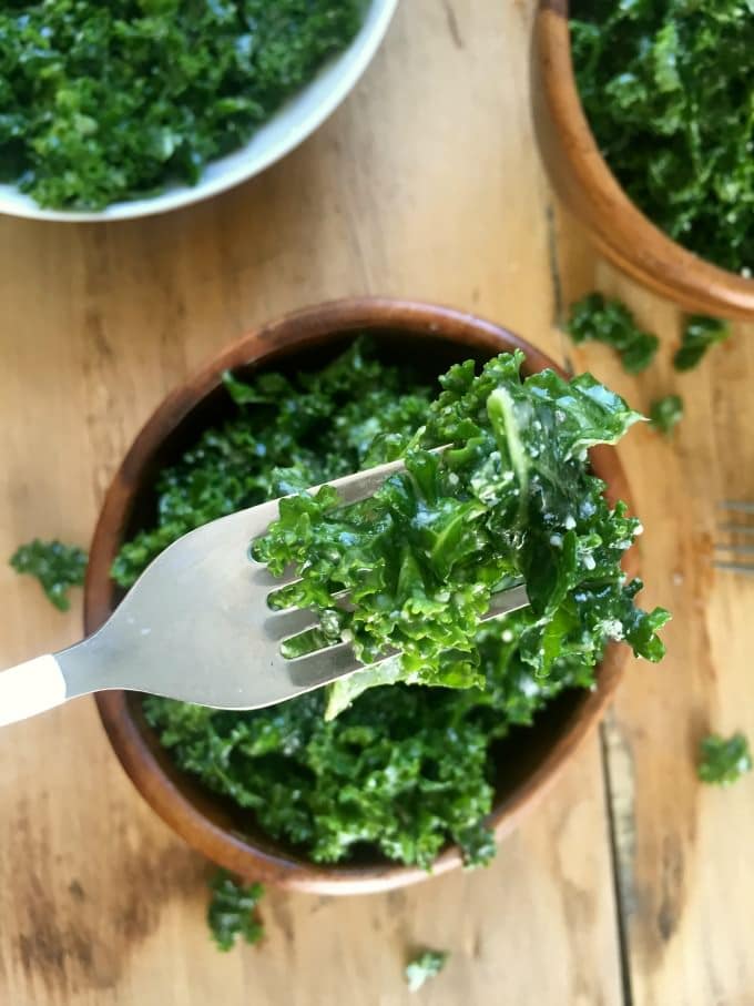 Easy Kale Salad Recipe with Lemon Dressing with fork.