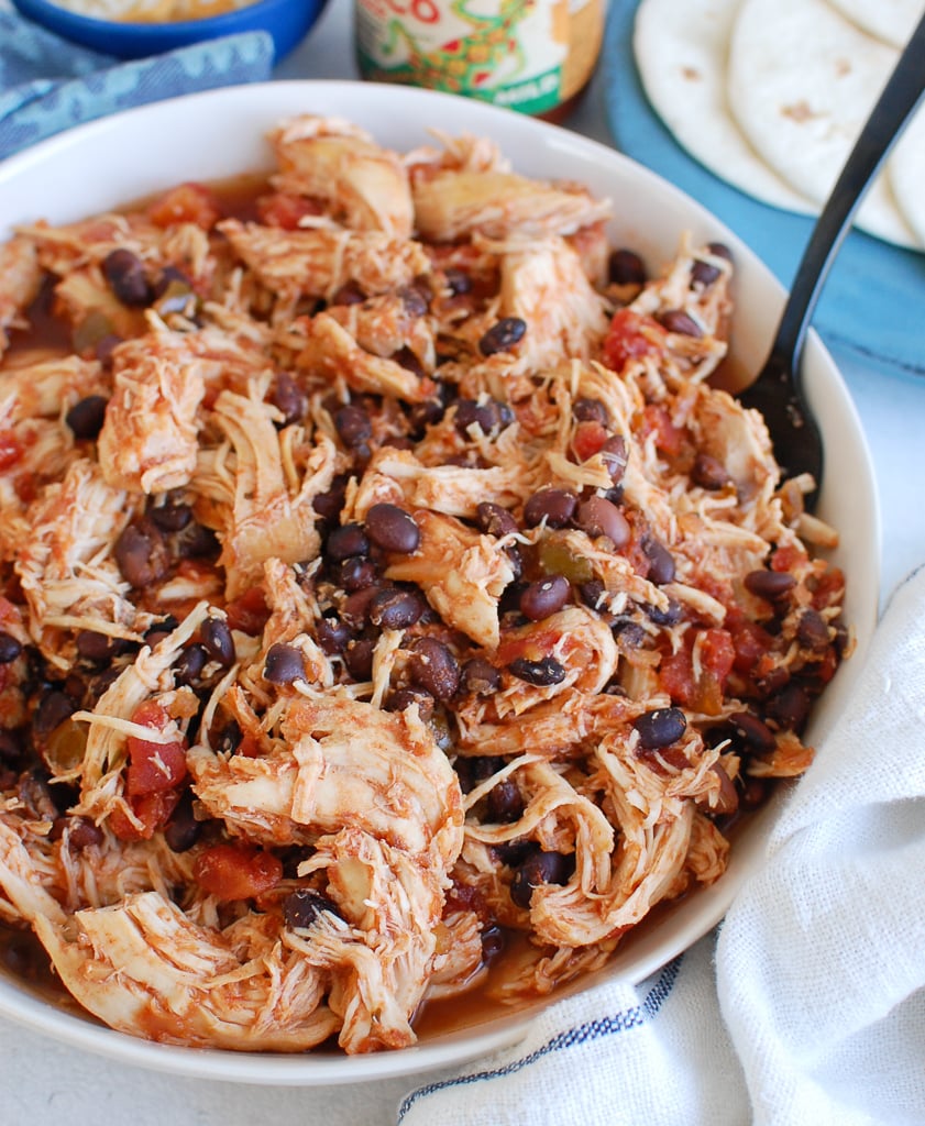 Slow Cooker Shredded Chicken with teal napkin