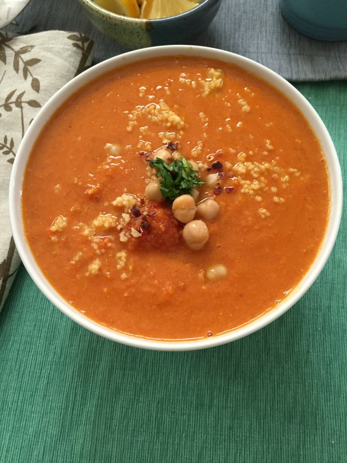 Moroccan Tomato Couscous Chickpea Soup
