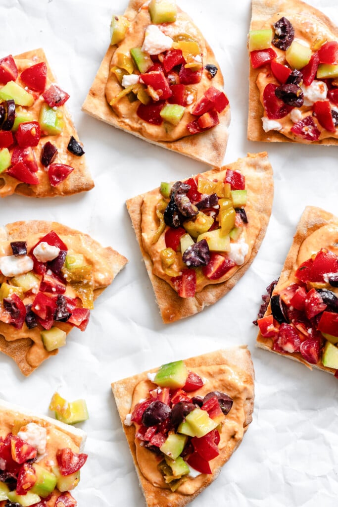 Loaded Hummus Pitas on a platter 