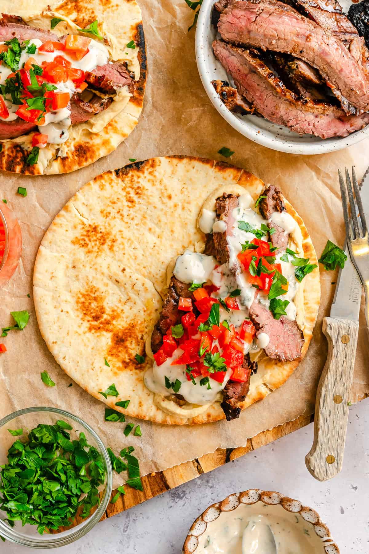 Steak Mediterranean Pita Wrap with a yogurt mint sauge