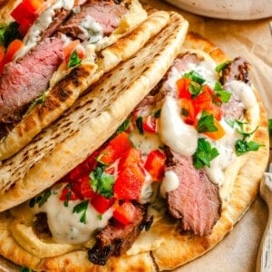 Mediterranean Steak Pita Wraps with a yogurt sauce