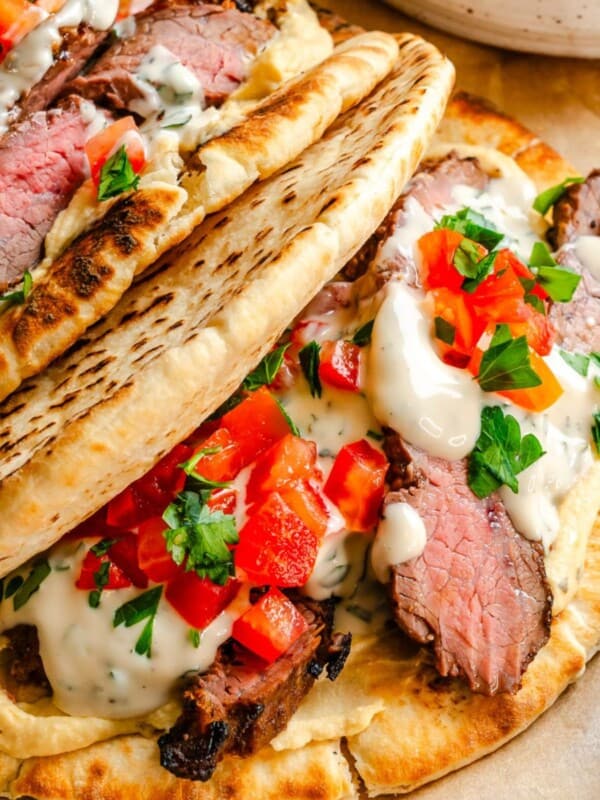 Mediterranean Steak Pita Wraps with a yogurt sauce