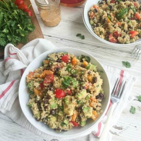 Southwestern Avocado Quinoa Salad with Chipotle Hummus Dressing