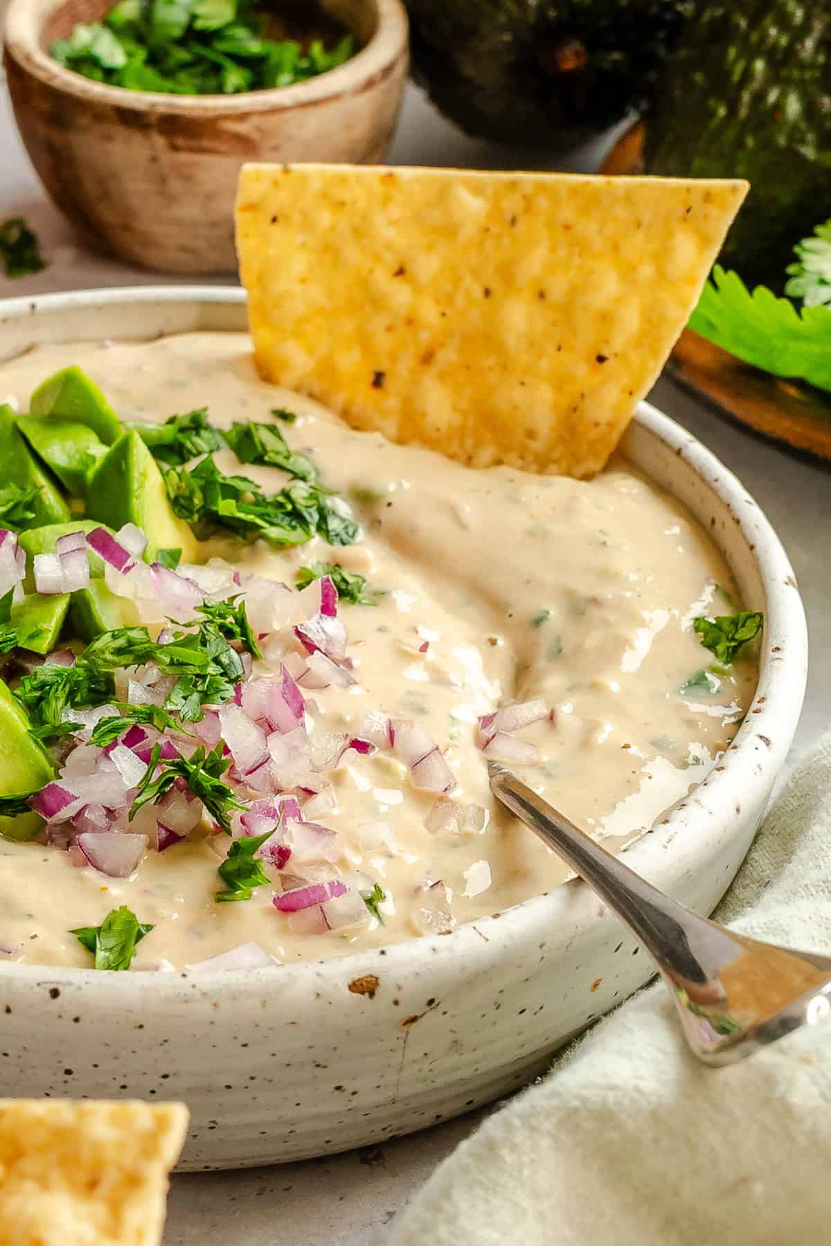 Creamy Mexican Dip in a bowl with a chip