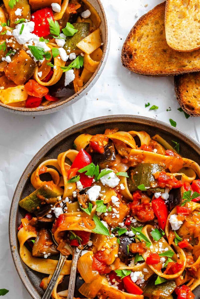 Ratatouille Pappardelle  in a bowl 
