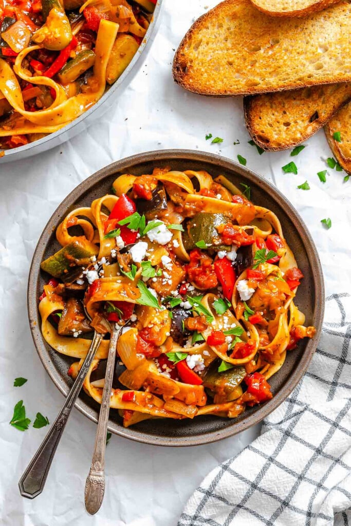 Ratatouille Pappardelle in a bowl 