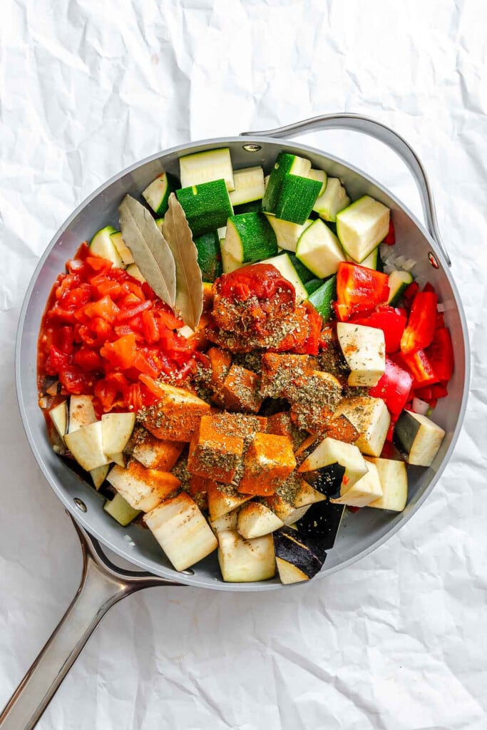 Ratatouille Pappardelle vegetables and spices in a pan 