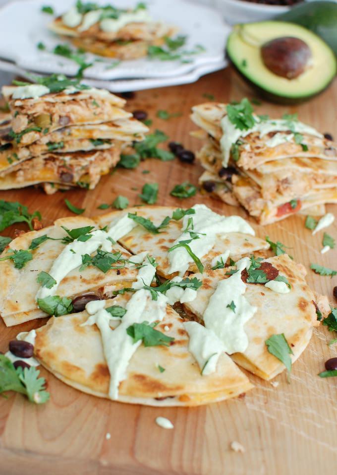 Mexican Salmon Quesadillas with Avocado Cream Sauce