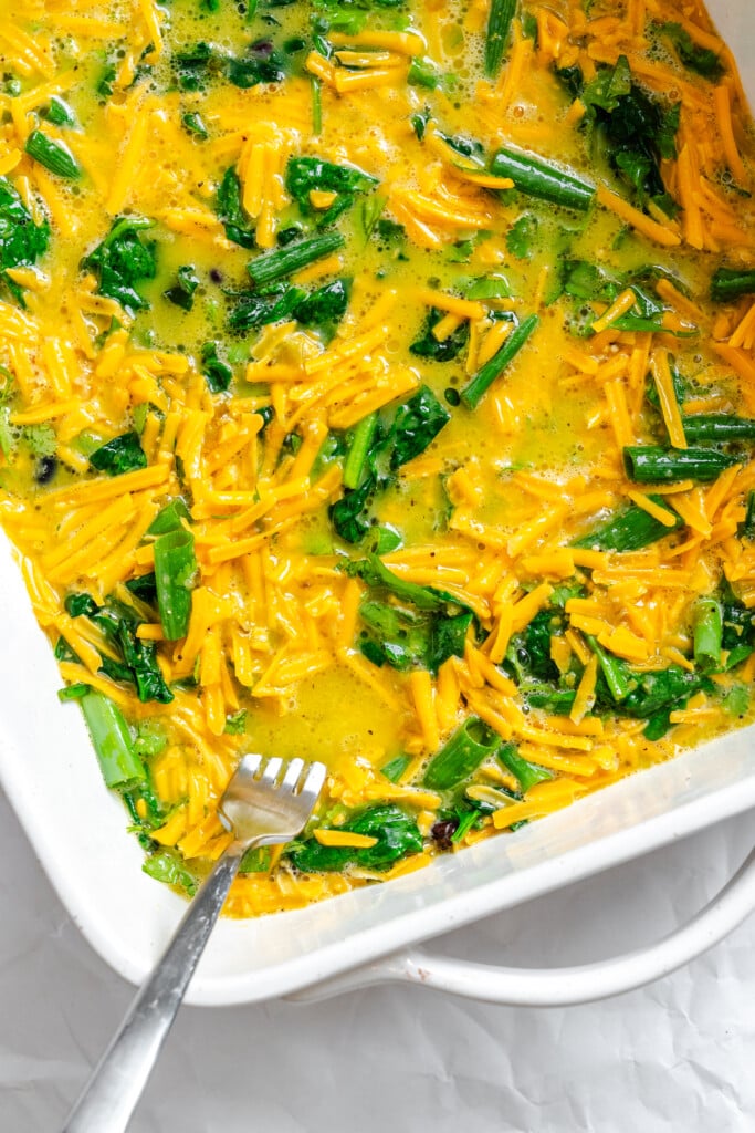 Cheesy Black Bean Egg Bake eggs in baking dish 