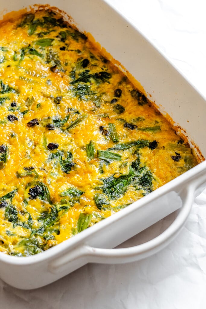Cheesy Black Bean Egg Bake in a dish 