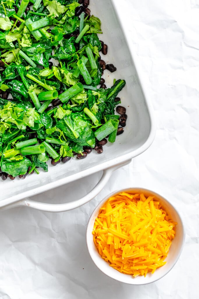 Cheesy Black Bean Egg Bake in a baking dish
