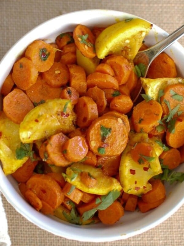 Moroccan Roasted Carrots in white bowl