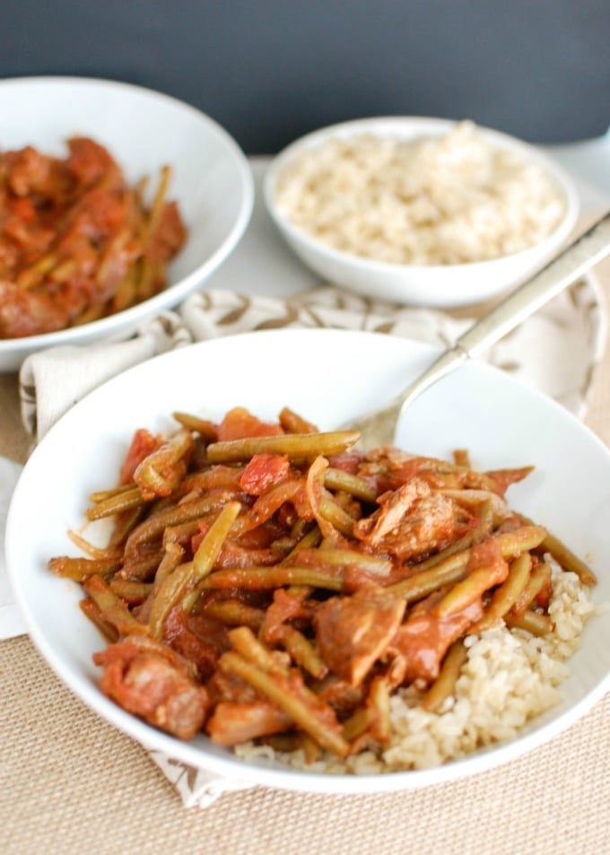 Lebanese Beef and Green Beans with spoon.