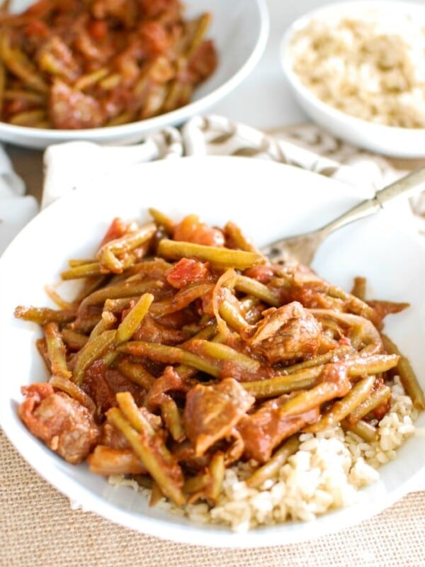 Lebanese Beef and Green Beans in white plate.