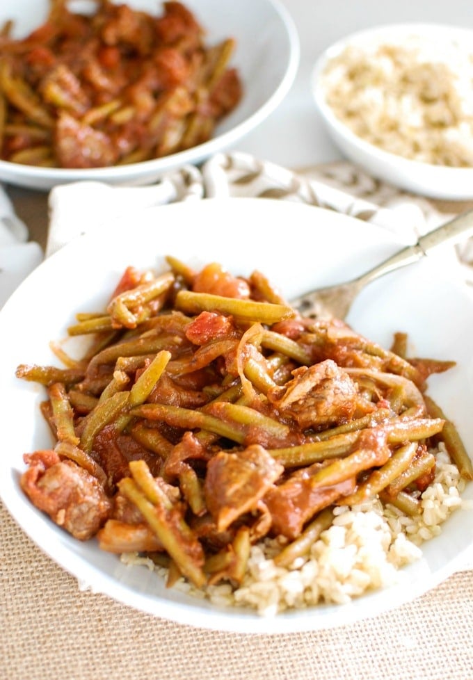 Lebanese Beef and Green Beans in white plate.