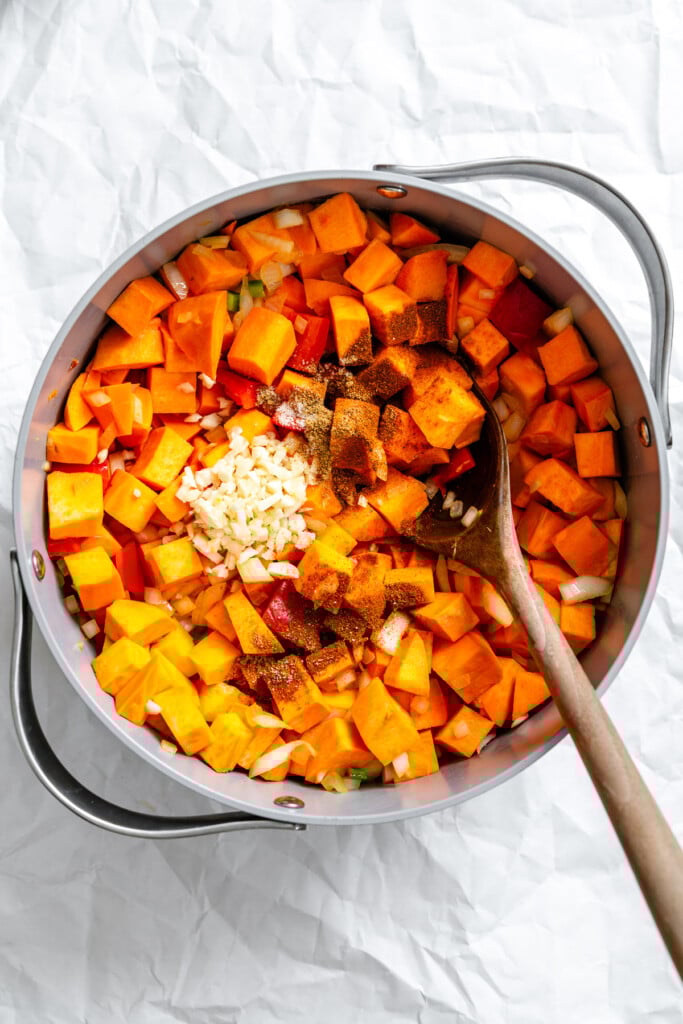 Sweet Potato Chili sweet potatoes and spices in pot