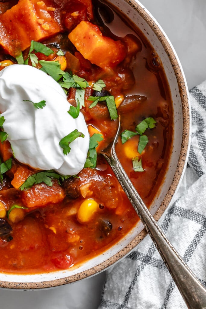 Sweet Potato Chili in a bowl with a spoon