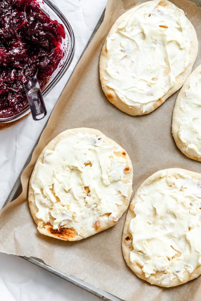 Warm Brie Cranberry Naan Bread with brie on naan