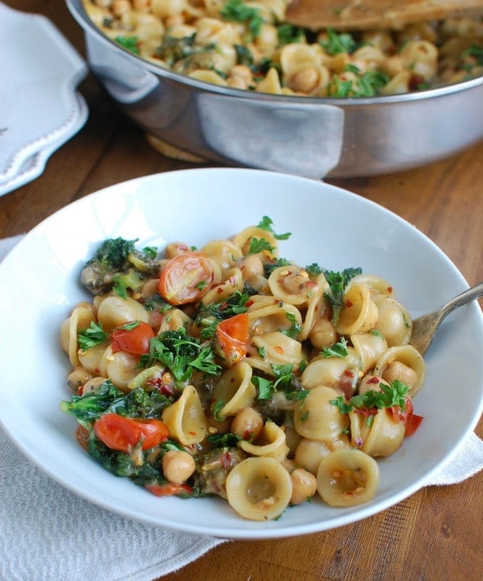One Pot Chickpea Kale Pasta Recipe with spoon.