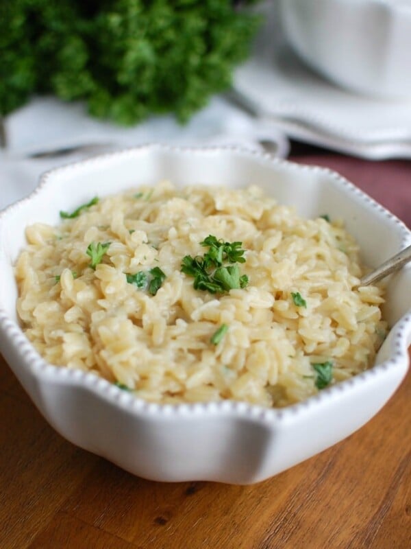 4 Ingredient Cheesy Orzo with parsley.