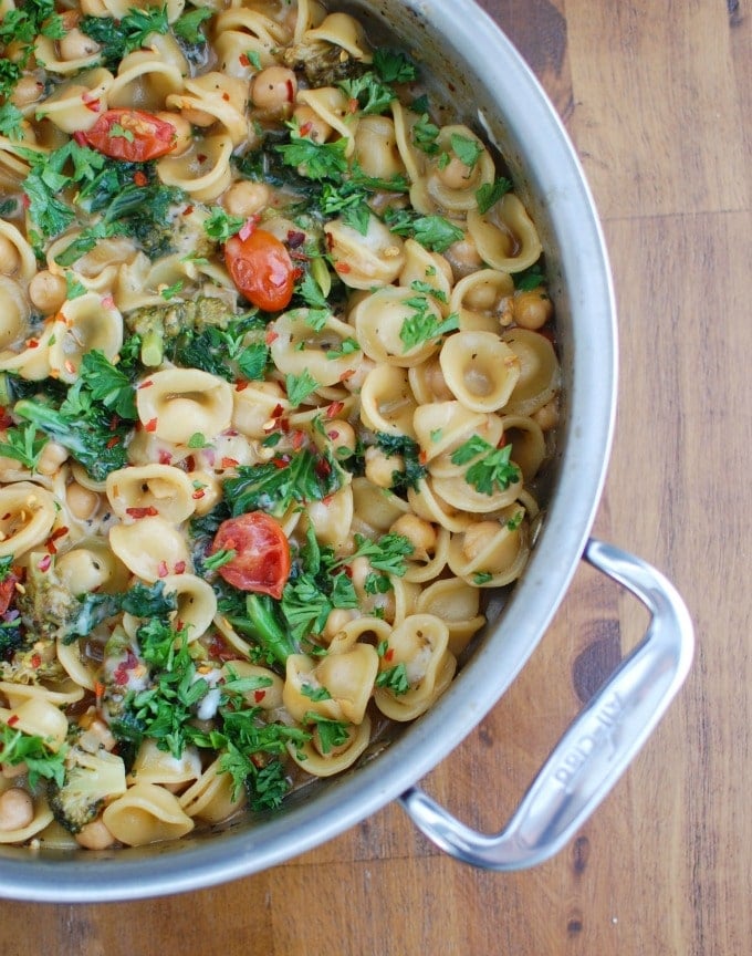 One Pot Chickpea Kale Pasta Recipe in pan.