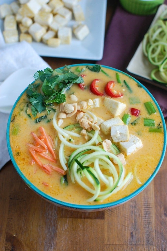 Thai Coconut Zoodle Soup in Teal Bowl