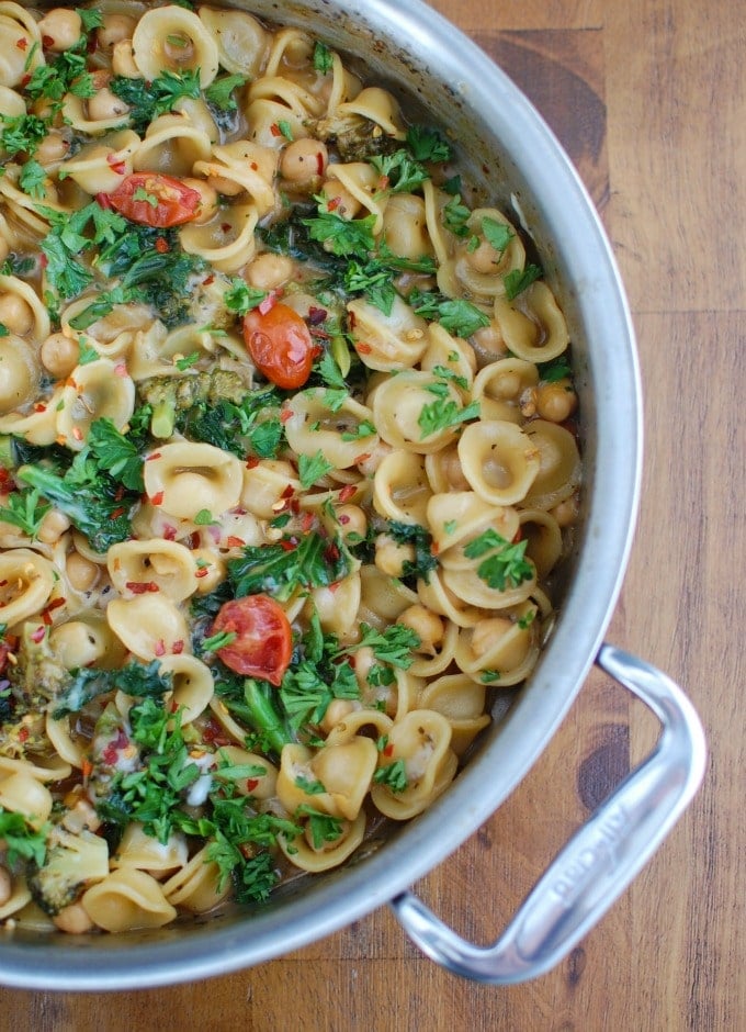 One Pot Kale Broccoli Chickpea Orecchiette Pasta - dinner