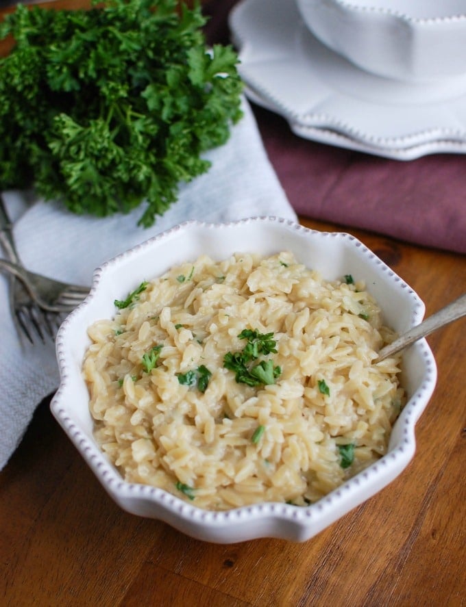 4 Ingredient Cheesy Orzo Recipe with spoon.