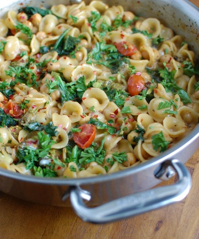 One Pot Chickpea Kale Pasta Recipe with parsley.