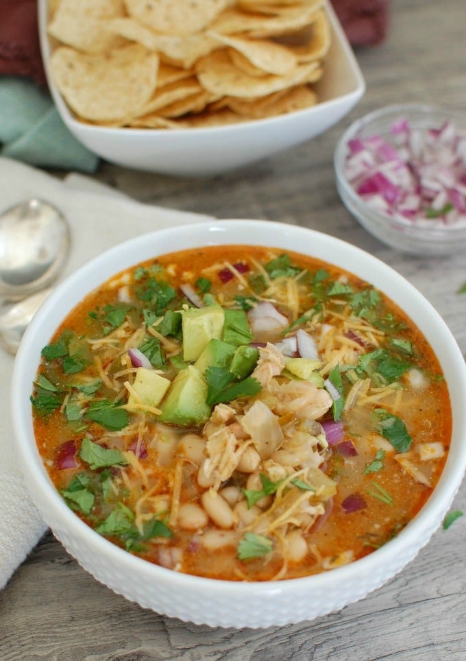 Slow Cooker White Chicken Chili with red onions.