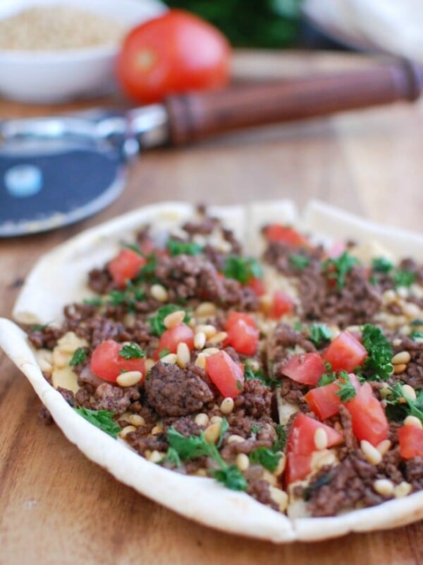 Spiced Beef and Hummus Pita Pizza on cutting board