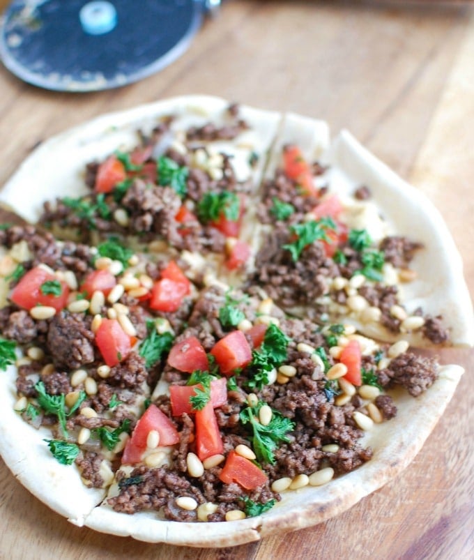 Spiced Beef and Hummus Pita Pizza above 