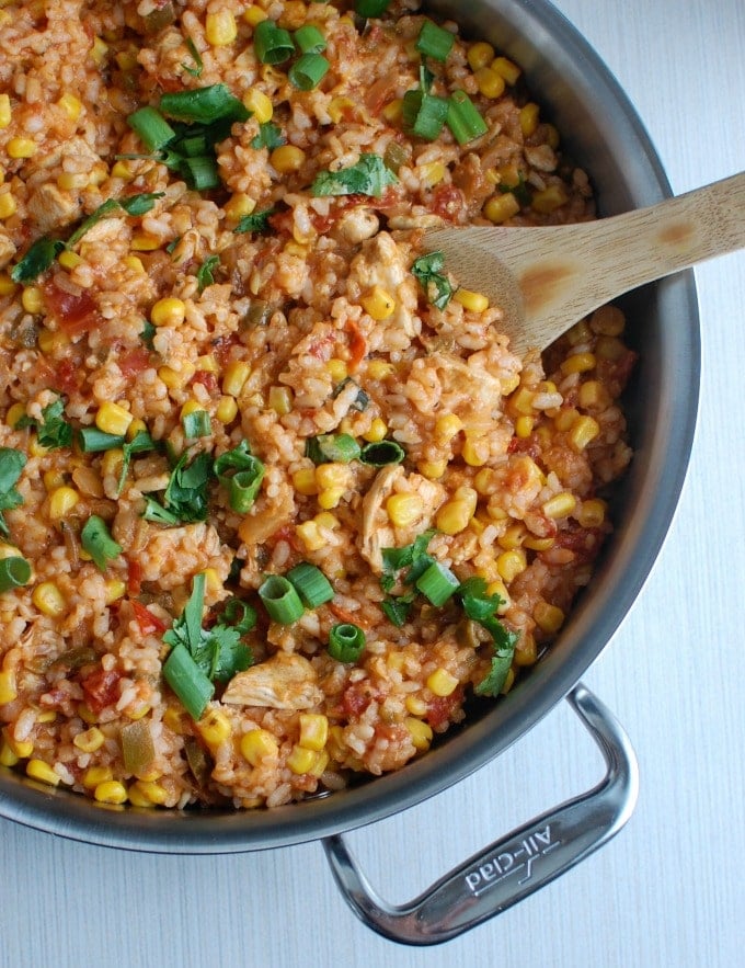 Southwestern Chicken and Rice in skillet 