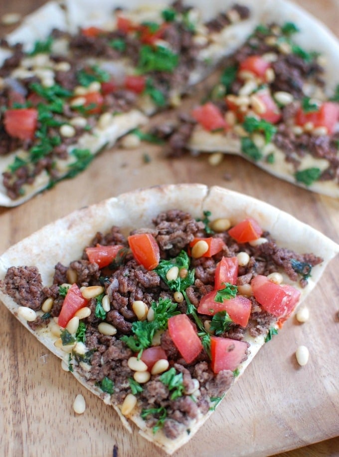 Spiced Beef and Hummus Pita Pizza sliced