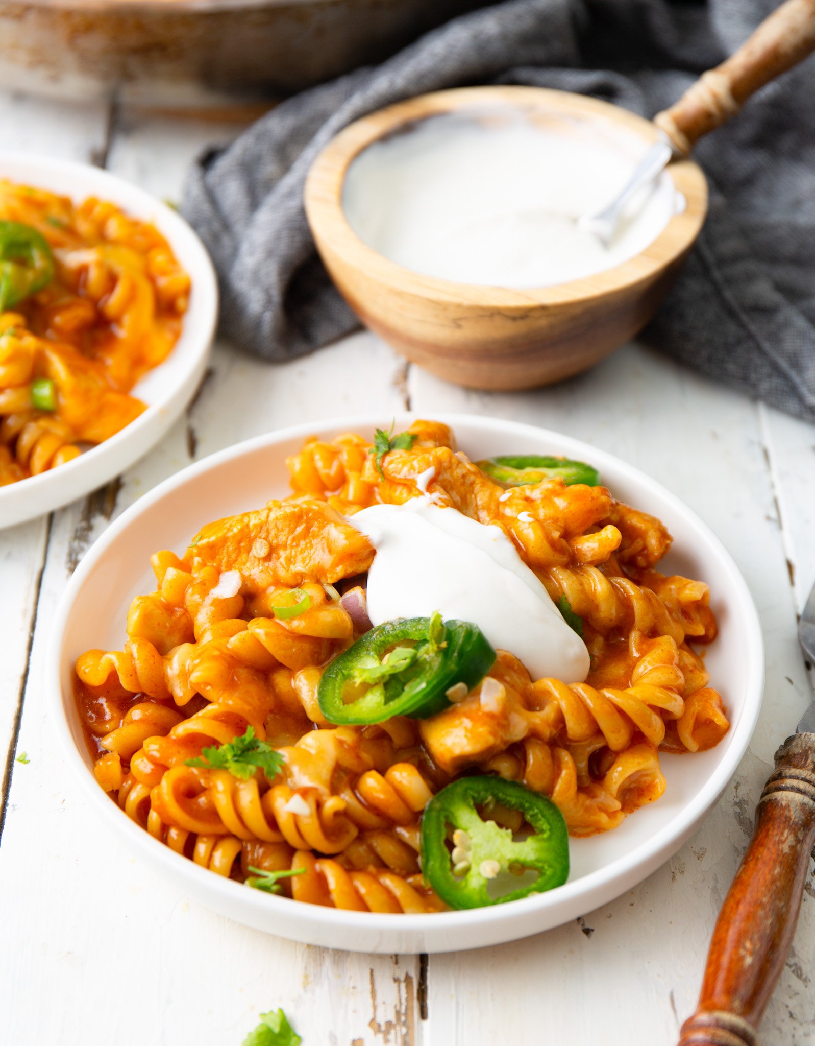 One Pot Chicken Enchilada Pasta with sour cream