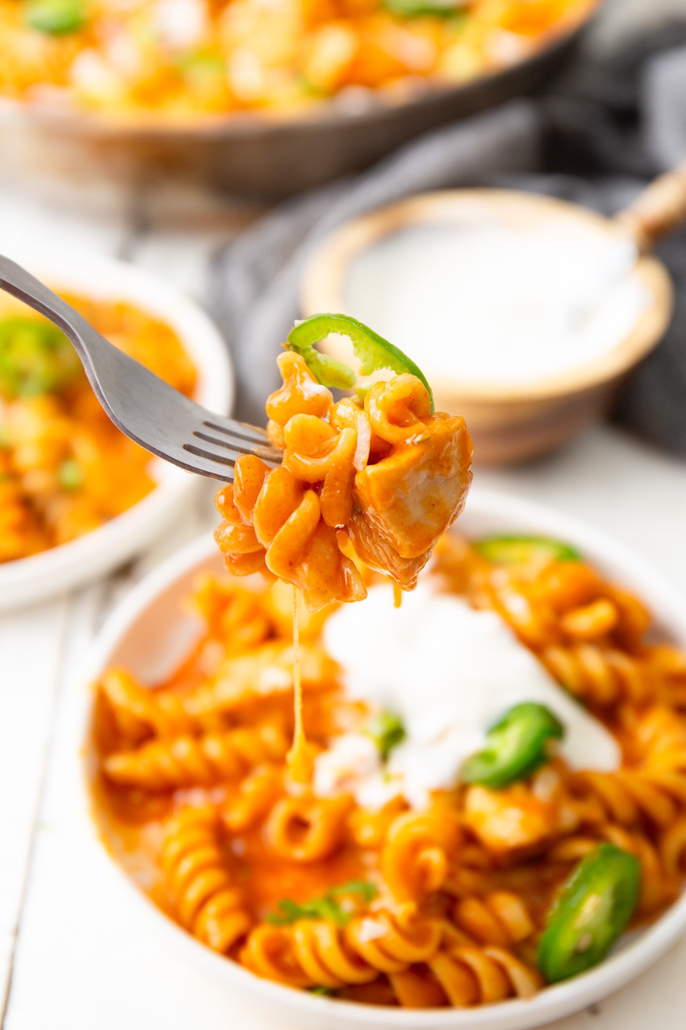 One Pot Chicken Enchilada Pasta on a fork