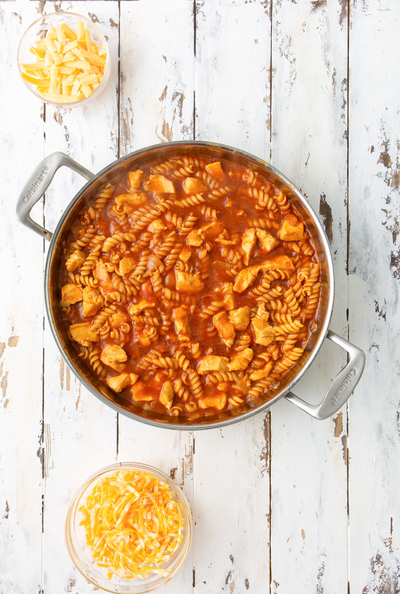 One Pot Chicken Enchilada Pasta in a skillet 