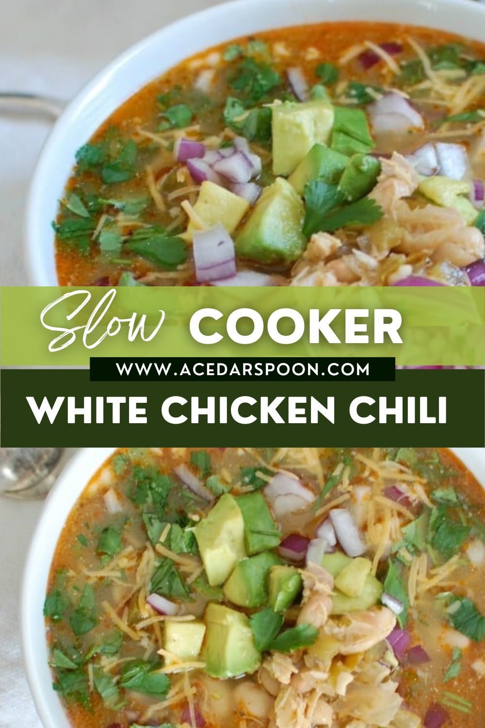 Slow Cooker White Chicken Chili with logo.
