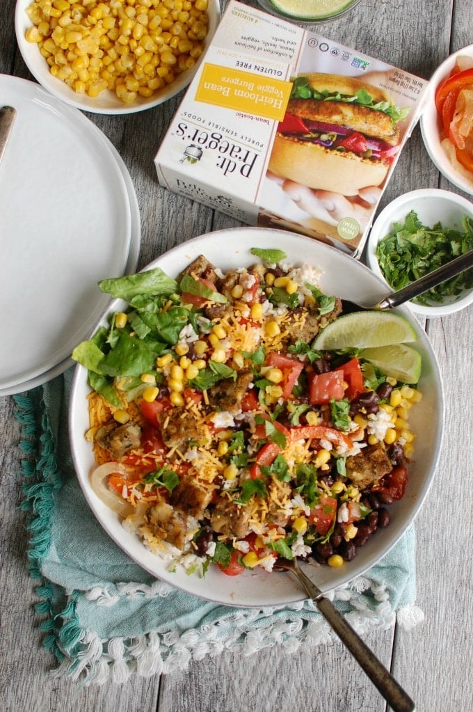 Burrito Bowls with Heirloom Bean Veggie Burgers - vegetarian lunch