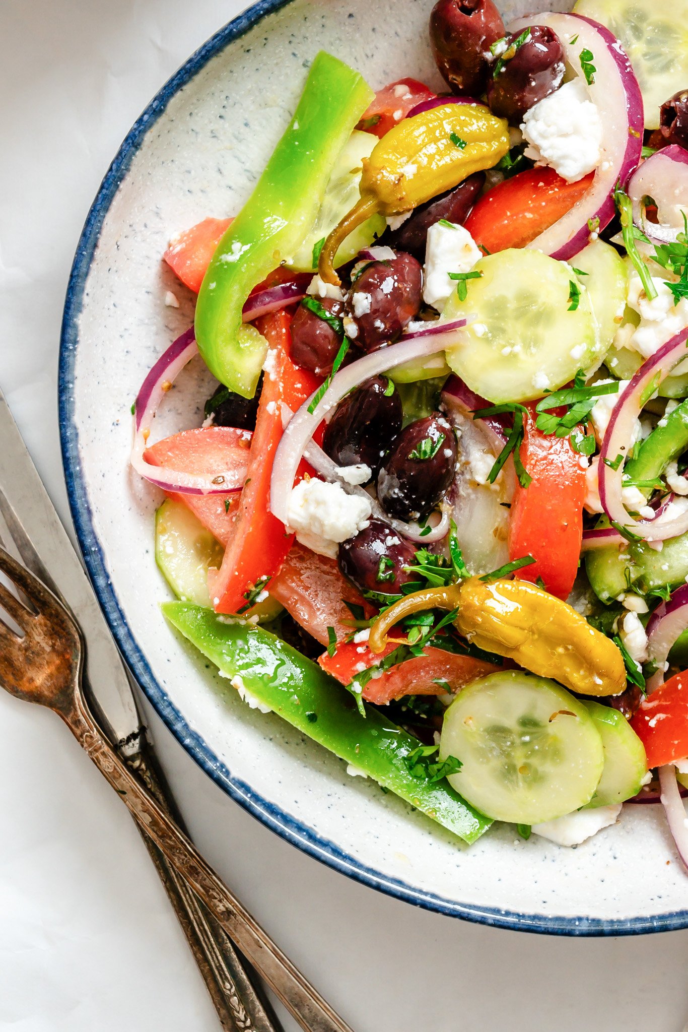 Greek Village Salad close up shot in bowl 