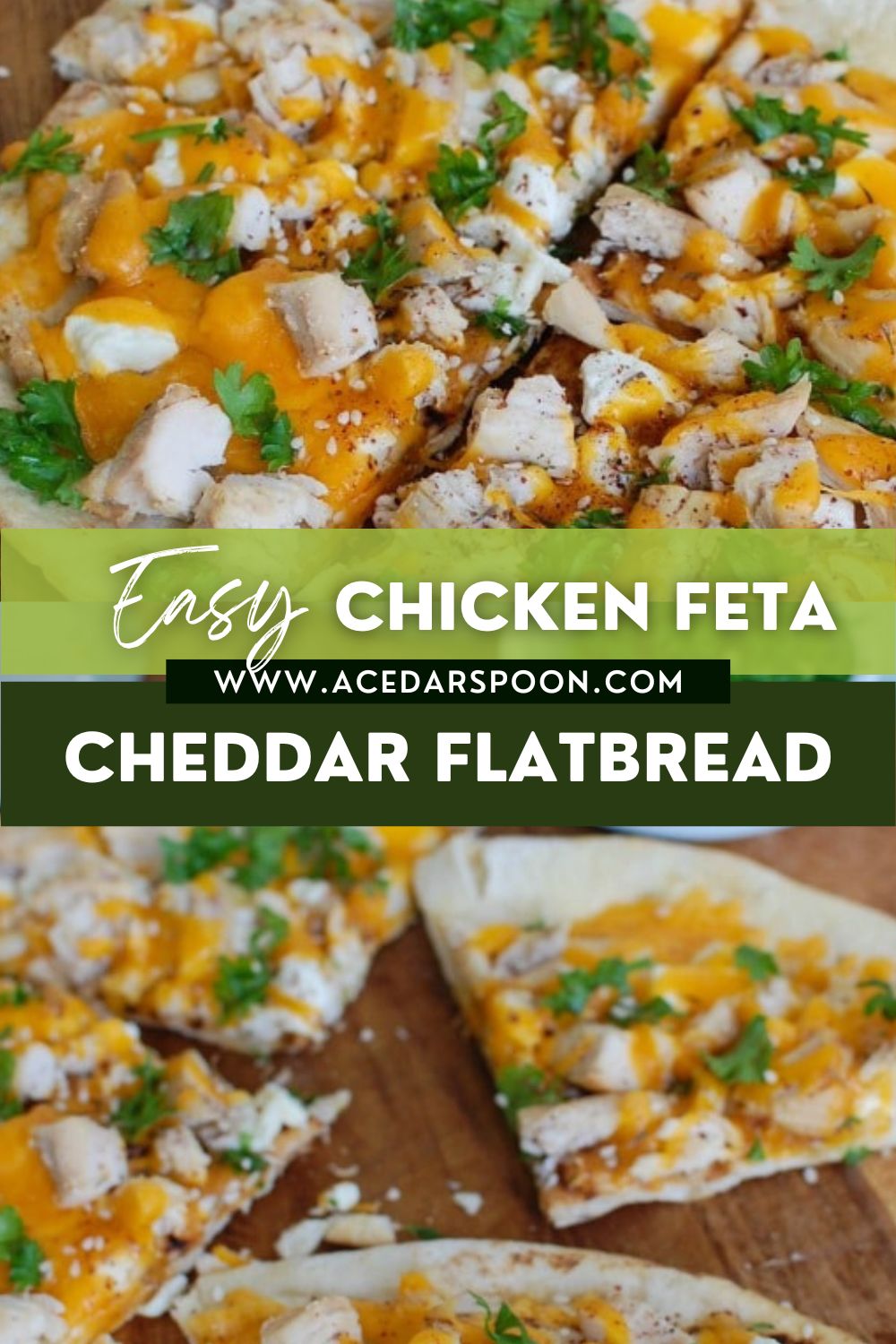 Chicken Feta Cheddar Pita Pitza with logo.