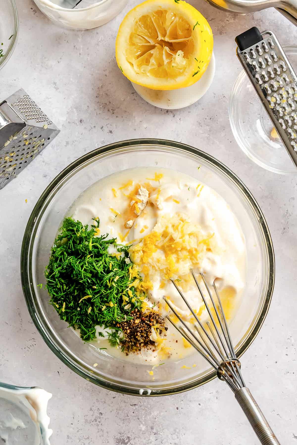 Dill Dressing ingredients in a glass bowl