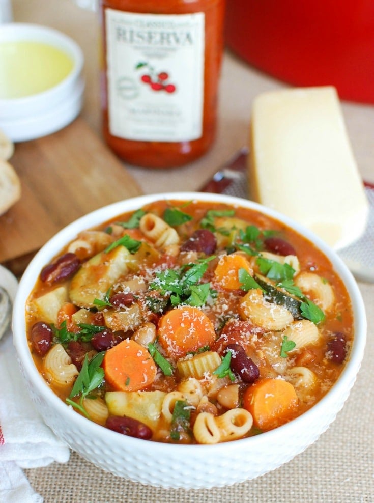Homemade minestrone soup with sauce.