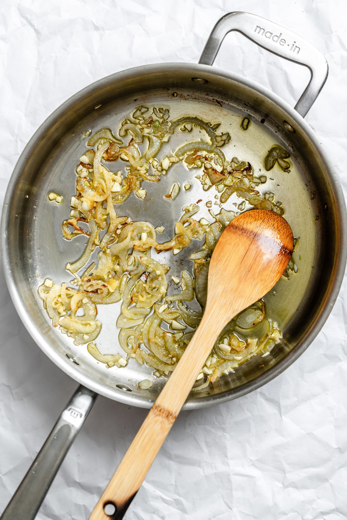 Lebanese Green Beans Onion and garlic sautéed in pan 