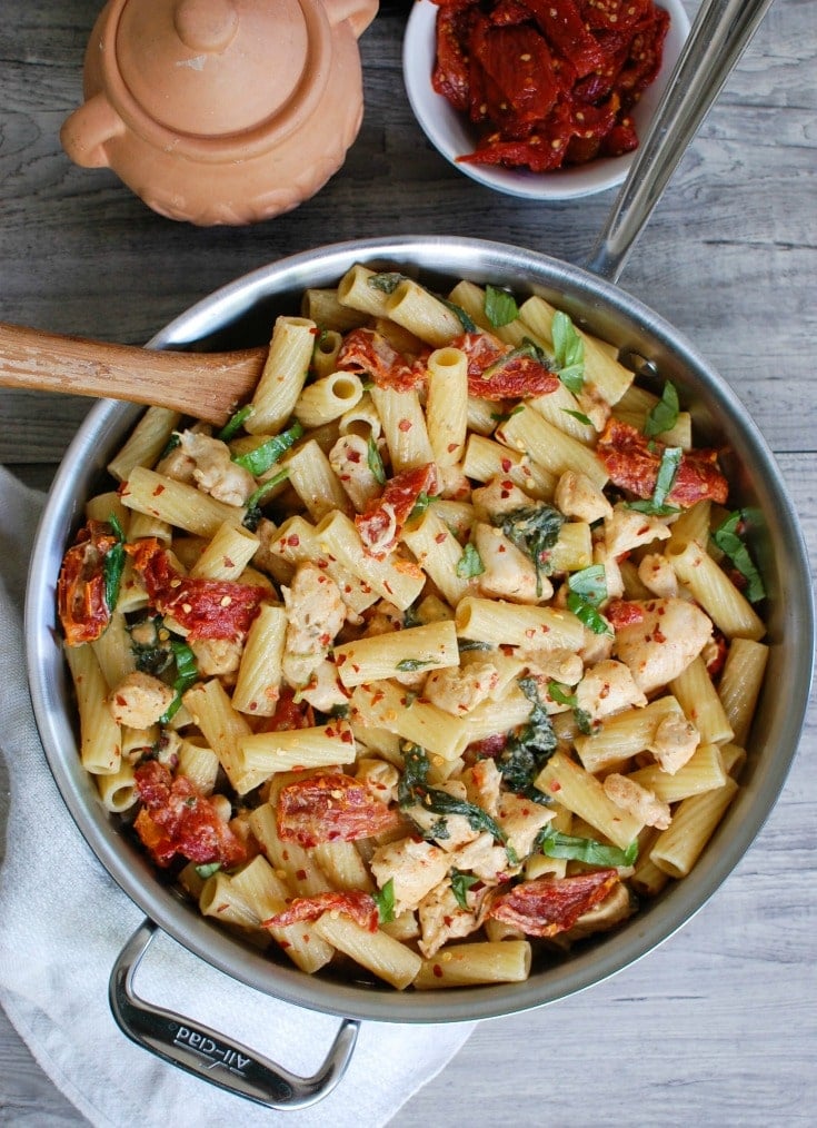 Mozzarella Chicken Pasta with Sun-dried Tomatoes is an easy and delicious meal! A family favorite in my house!